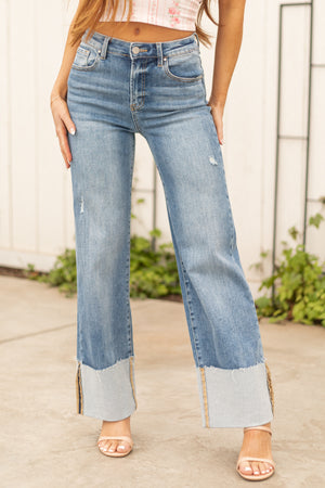 Risen Medium Wash Stretchy Cuffed Wide Jeans