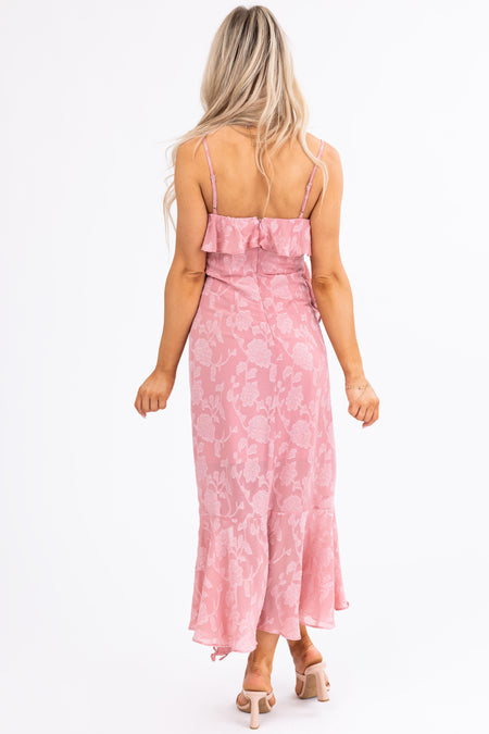 Rose Floral Jacquard Ruffle Sleeveless Midi Dress