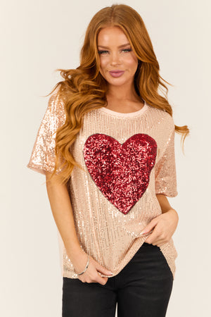 Rose Gold Sequined Heart Short Sleeve Top