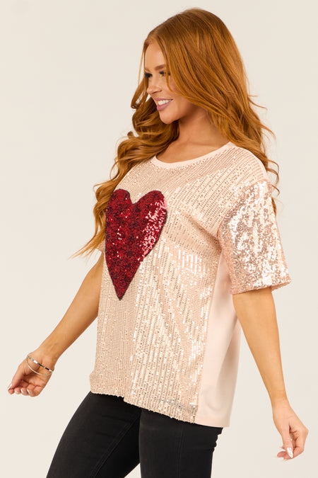 Rose Gold Sequined Heart Short Sleeve Top