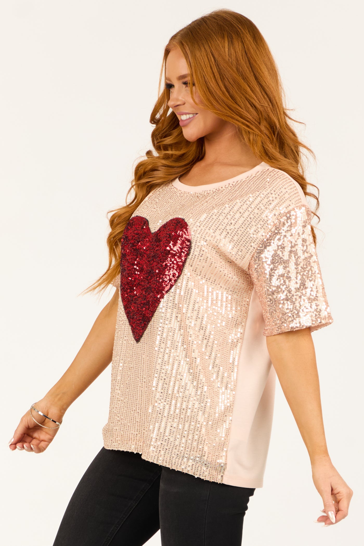 Rose Gold Sequined Heart Short Sleeve Top