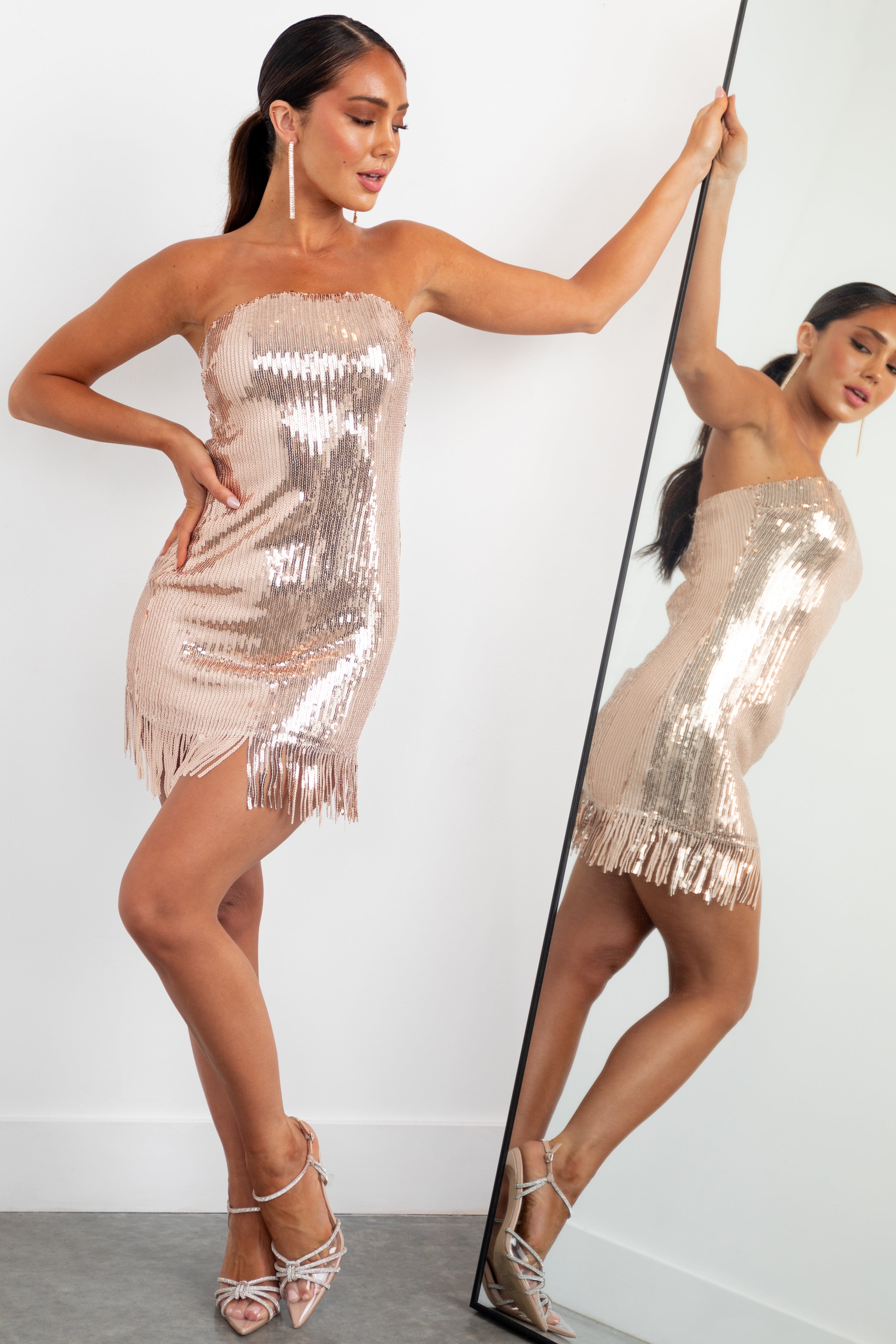 Rose Gold Strapless Fringed Sequins Mini Dress