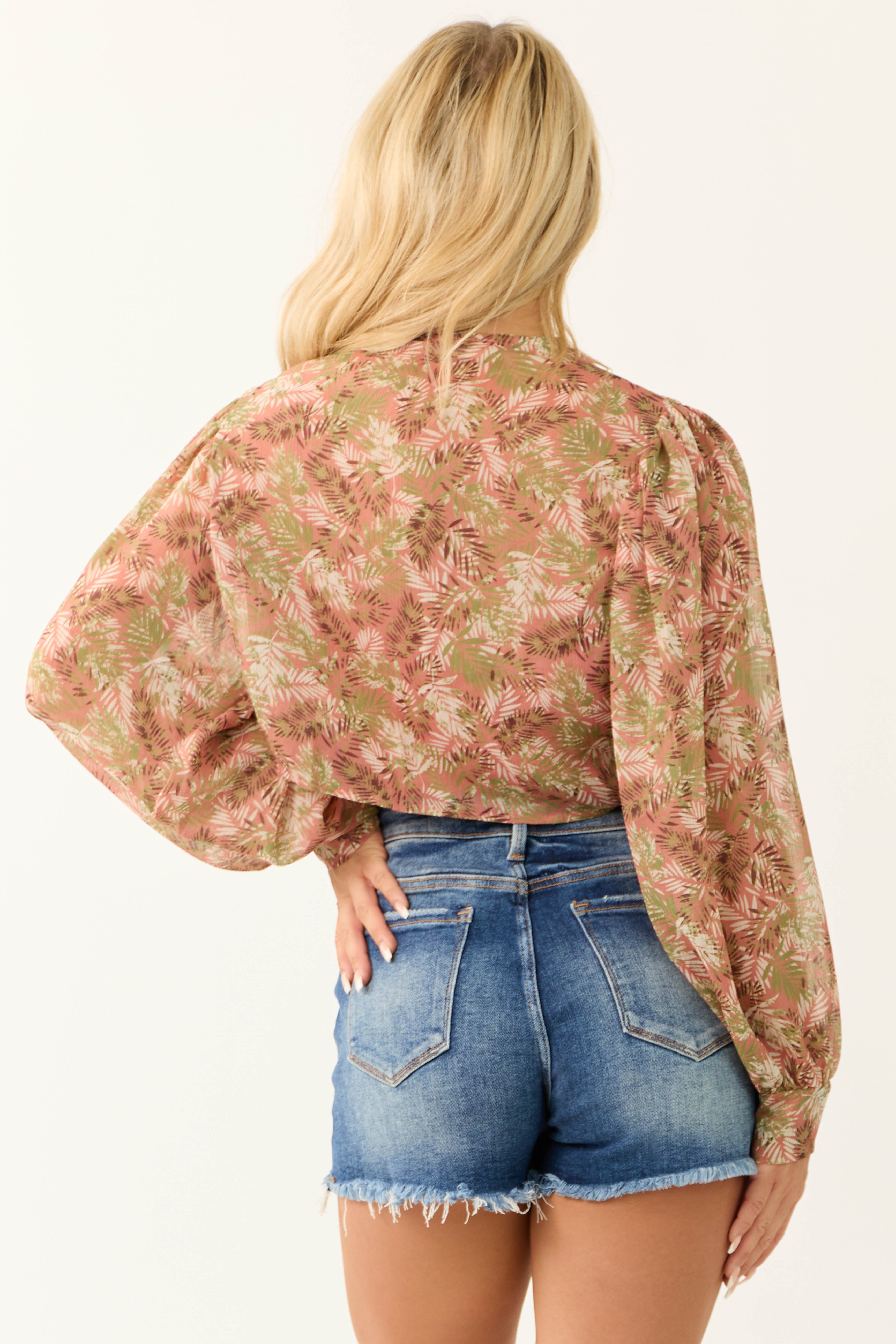 Rose Taupe Leaf Print Tie Front Kimono