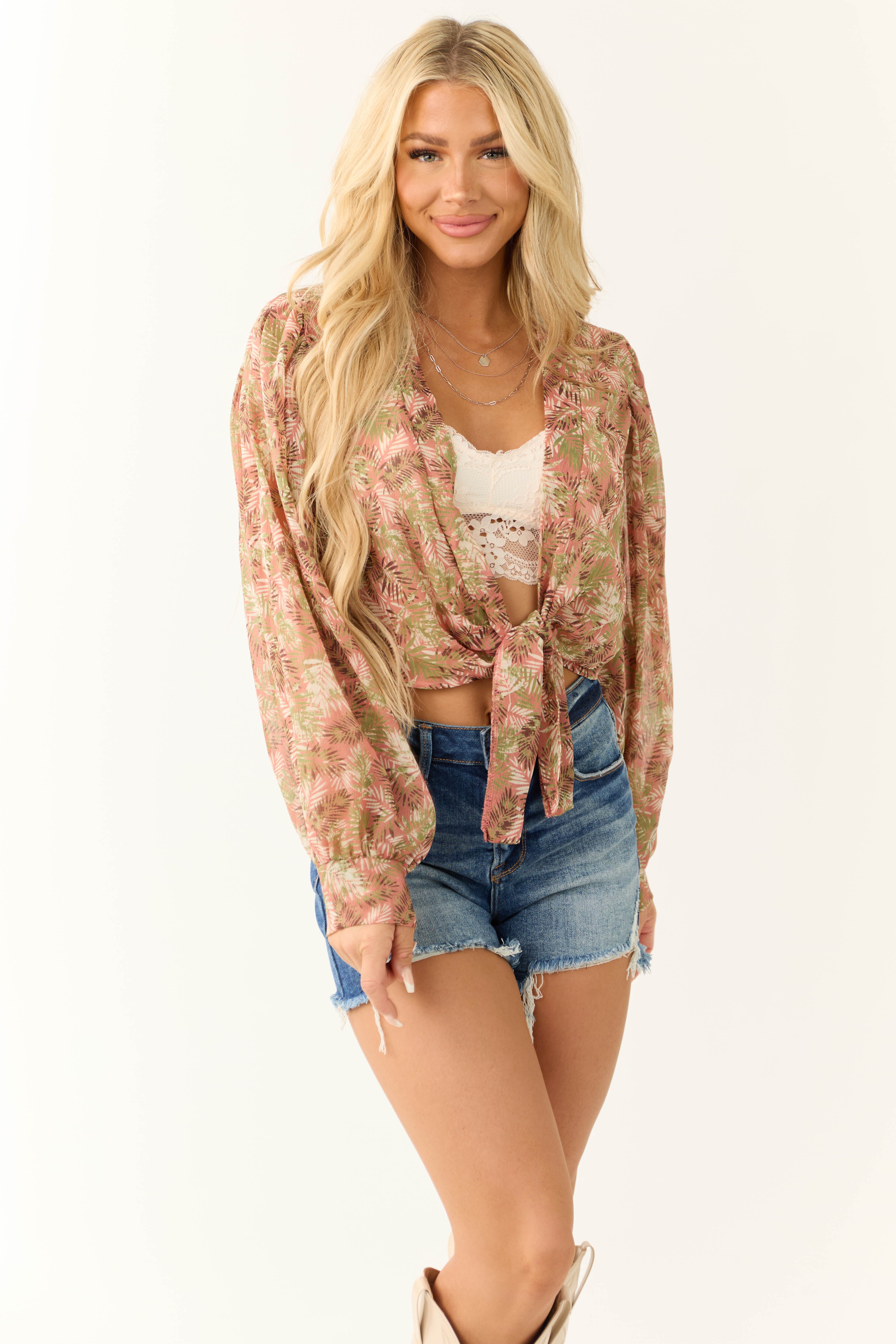 Rose Taupe Leaf Print Tie Front Kimono