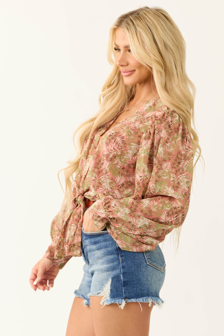 Rose Taupe Leaf Print Tie Front Kimono