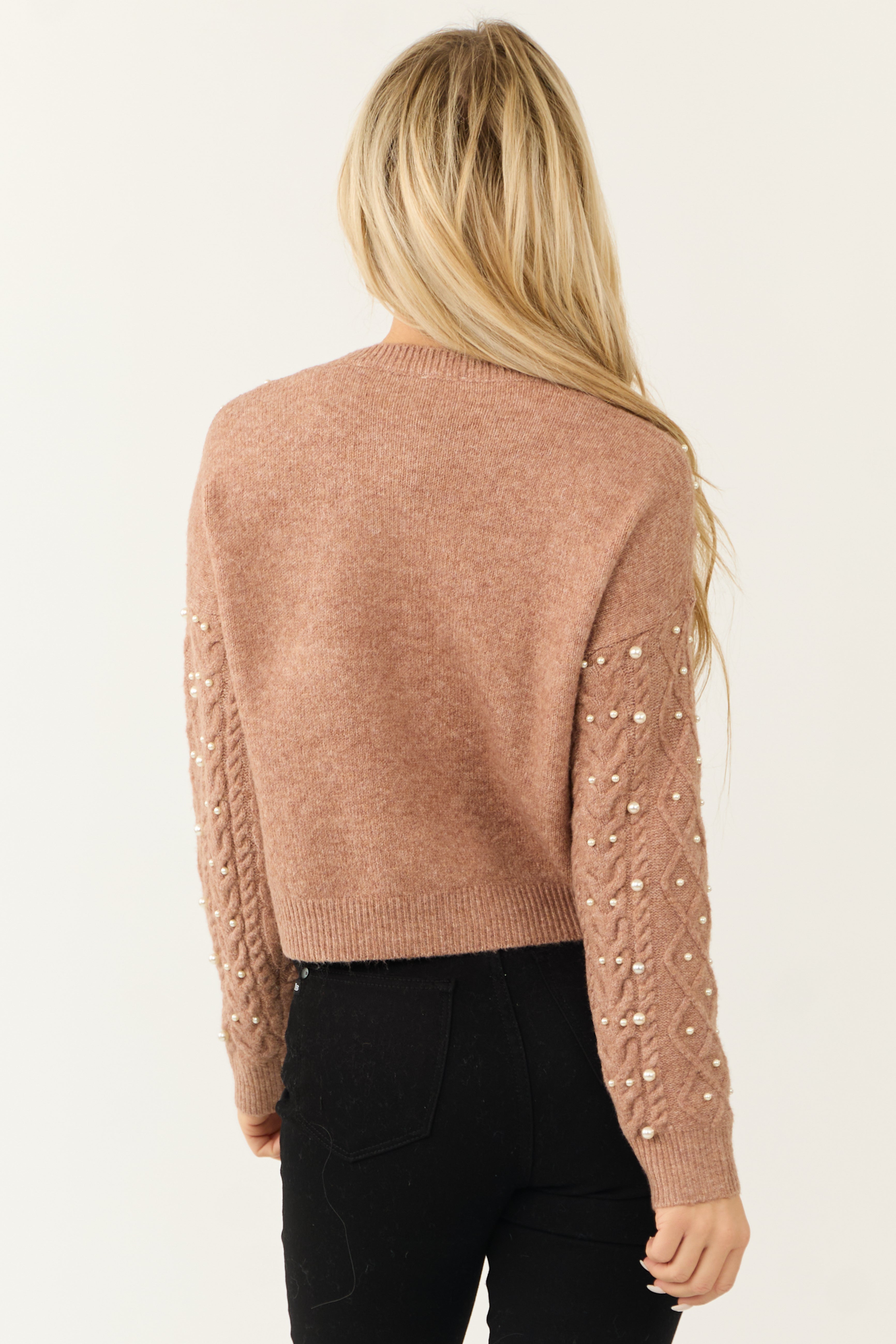 Rose Taupe Pearl Embellished Knit Sweater