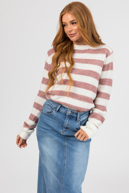 Rose Taupe Striped Fuzzy Knit Sweater