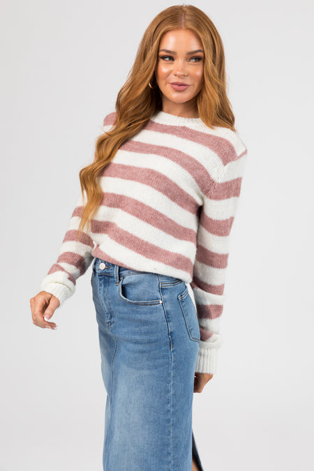 Rose Taupe Striped Fuzzy Knit Sweater