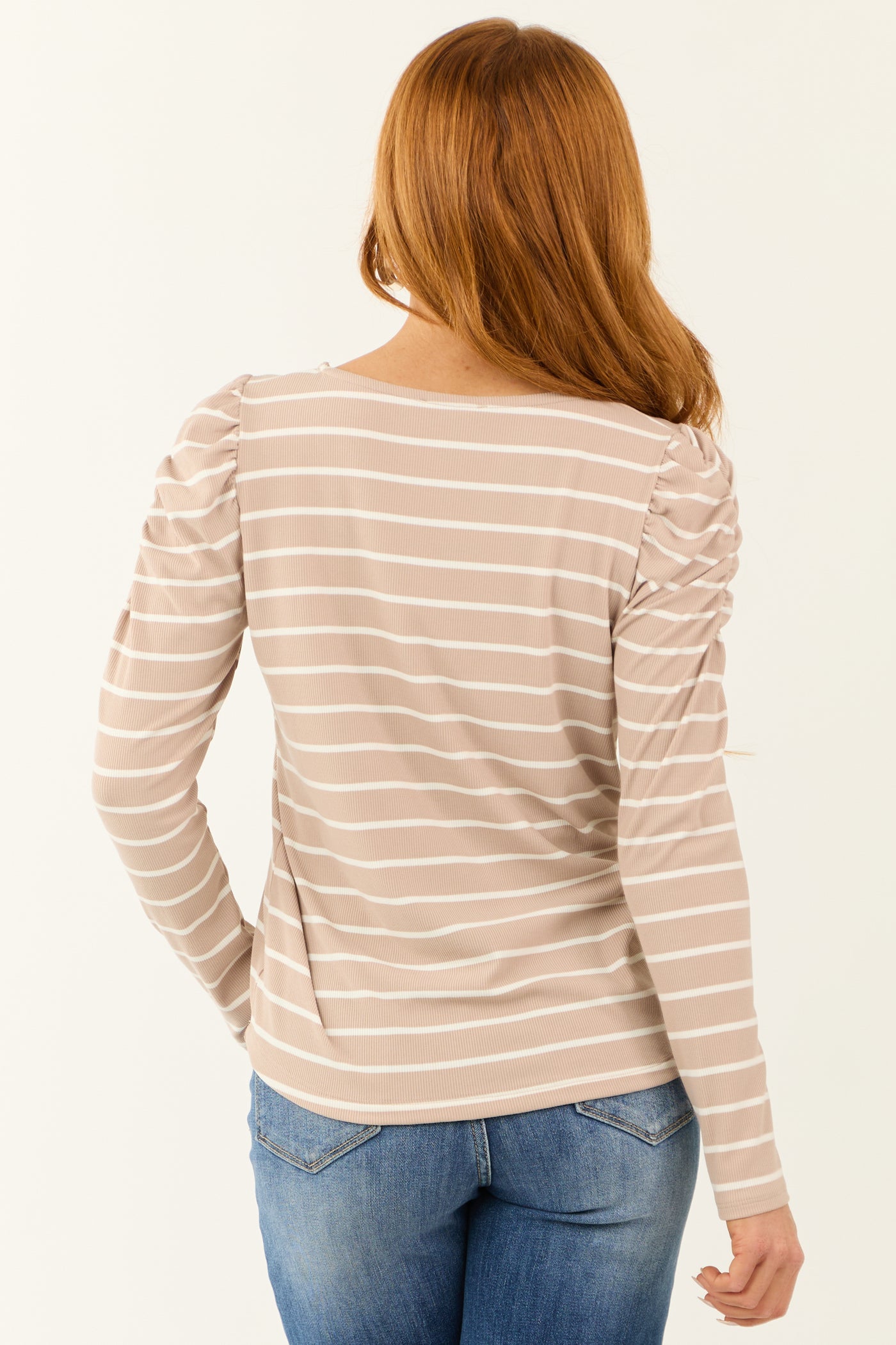 Rose Taupe Striped Long Sleeve Ruched Top