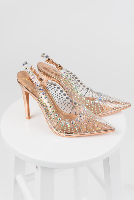 Rose Gold Rhinestone Closed Pointed Toe Heels