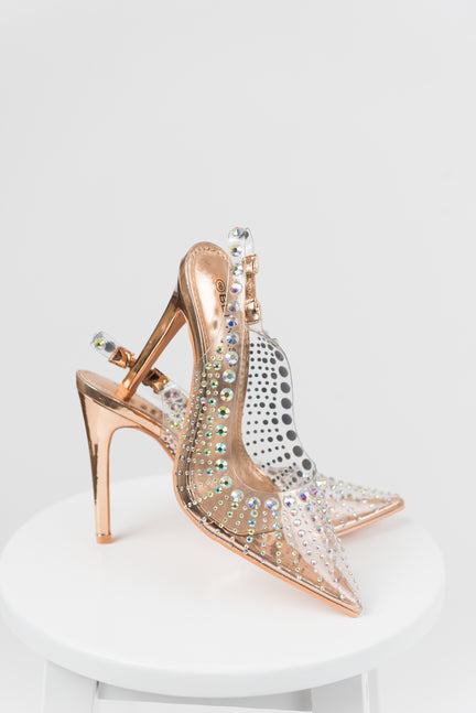 Rose Gold Rhinestone Closed Pointed Toe Heels