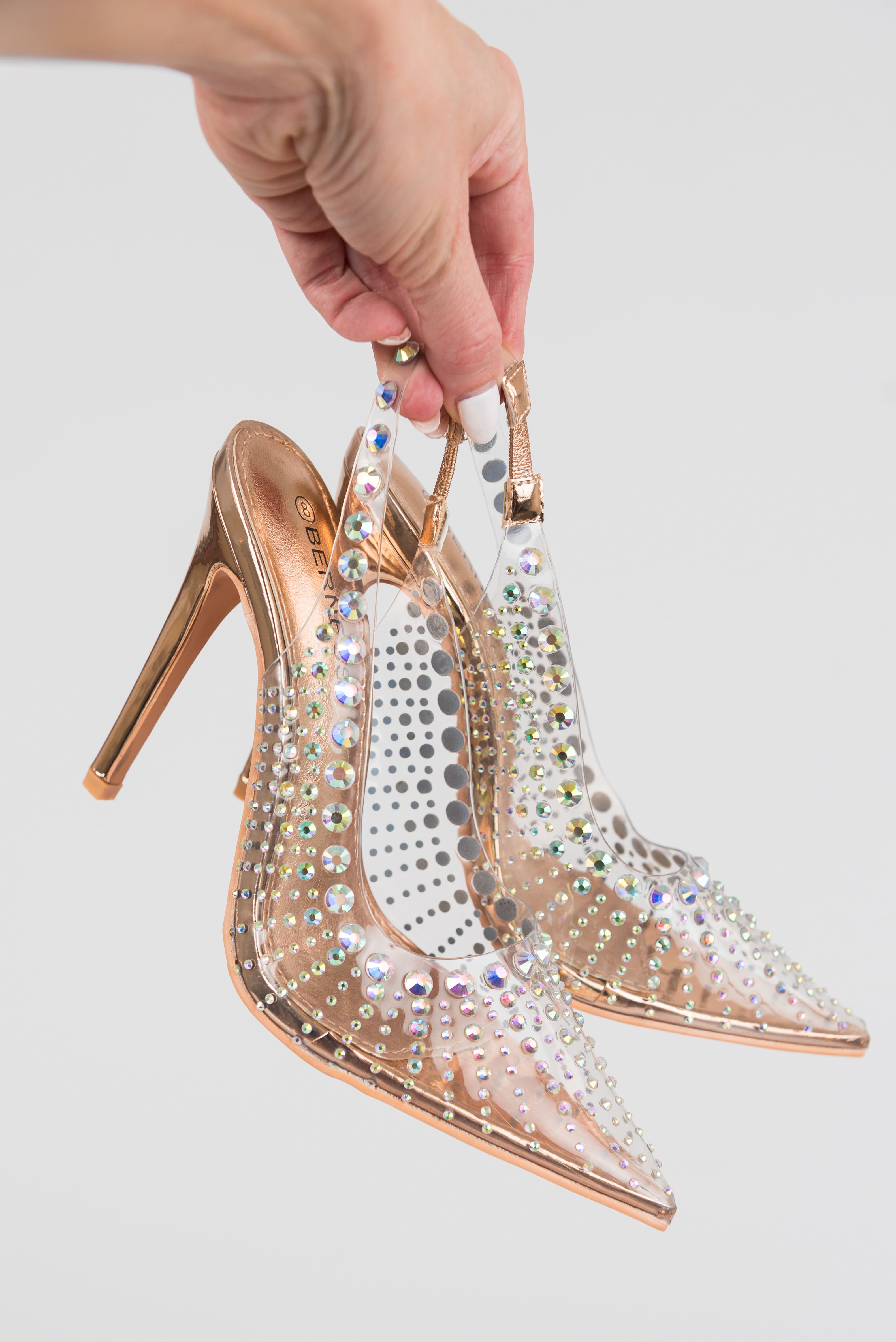 Rose Gold Rhinestone Closed Pointed Toe Heels Lime Lush