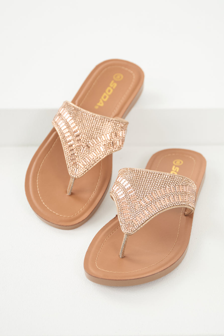 Rose Gold Rhinestone Flat Slip On Sandals