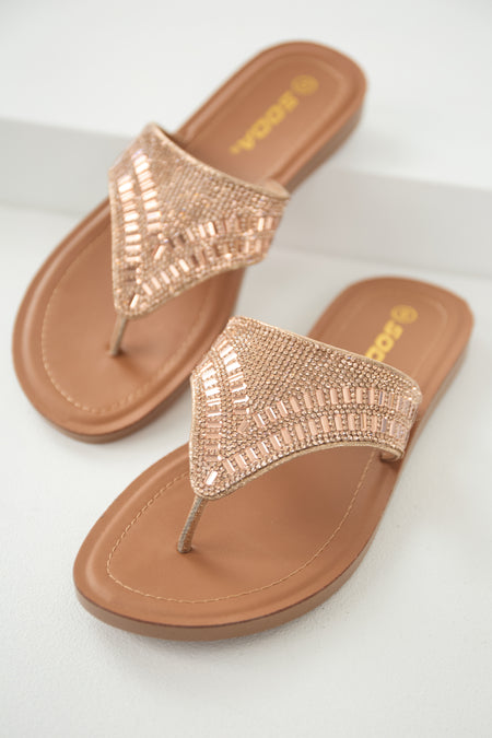 Rose Gold Rhinestone Flat Slip On Sandals