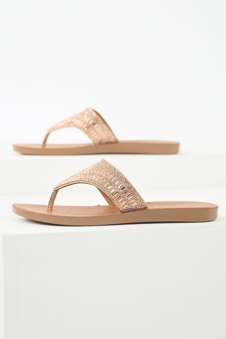 Rose Gold Rhinestone Flat Slip On Sandals