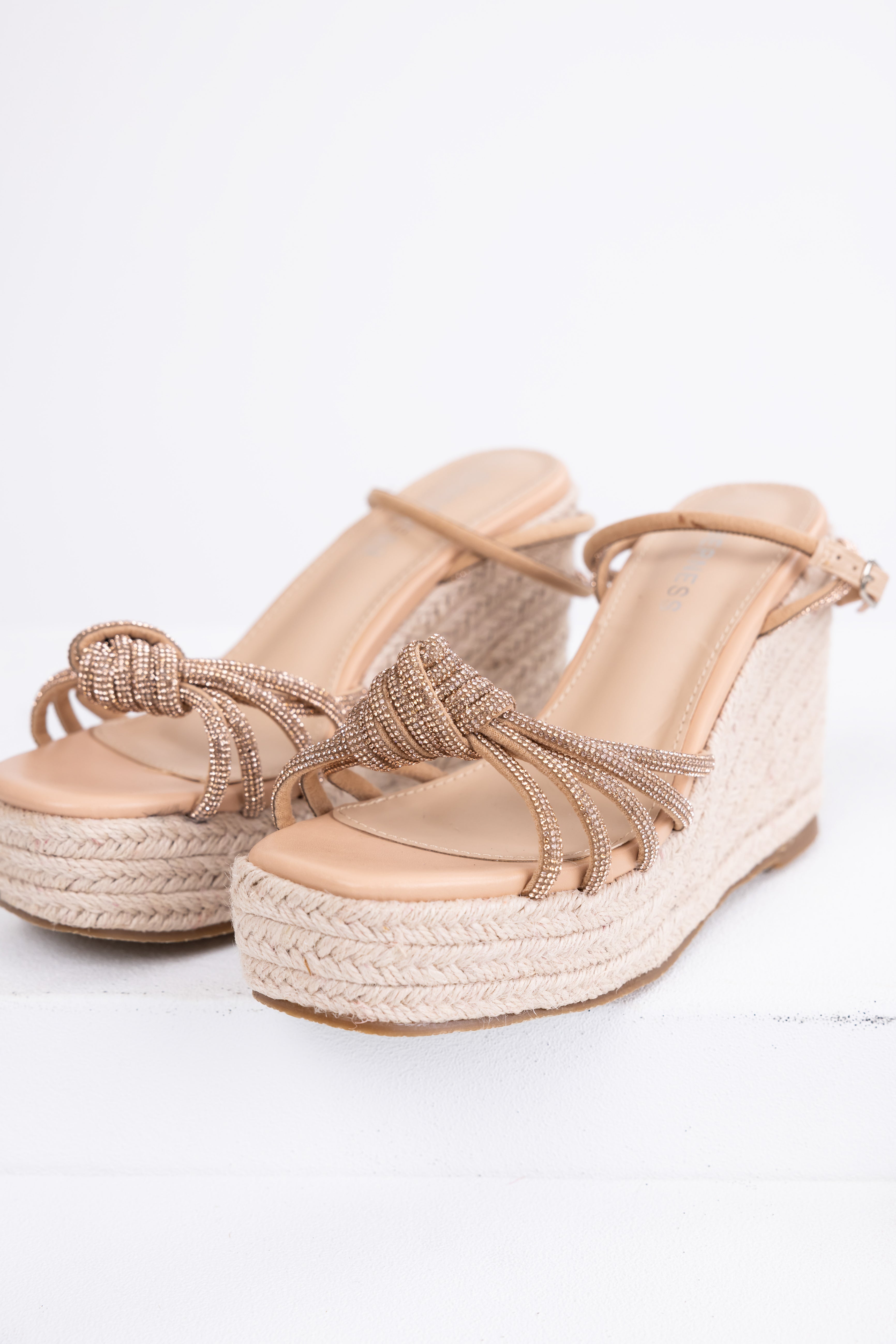 Rose Gold Rhinestone Strappy Espadrille Wedges