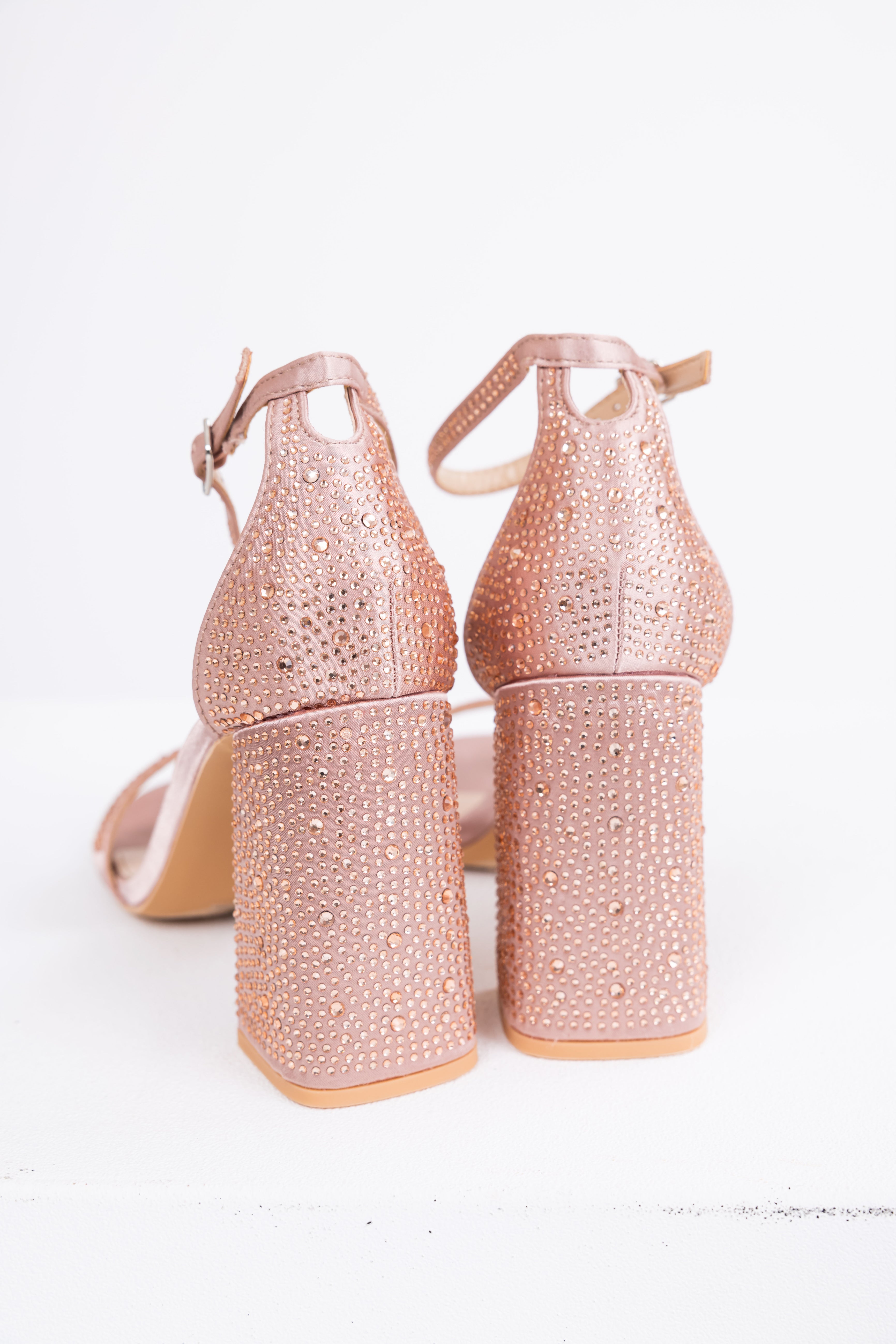 Rose Gold Sequined Satin Block Heels