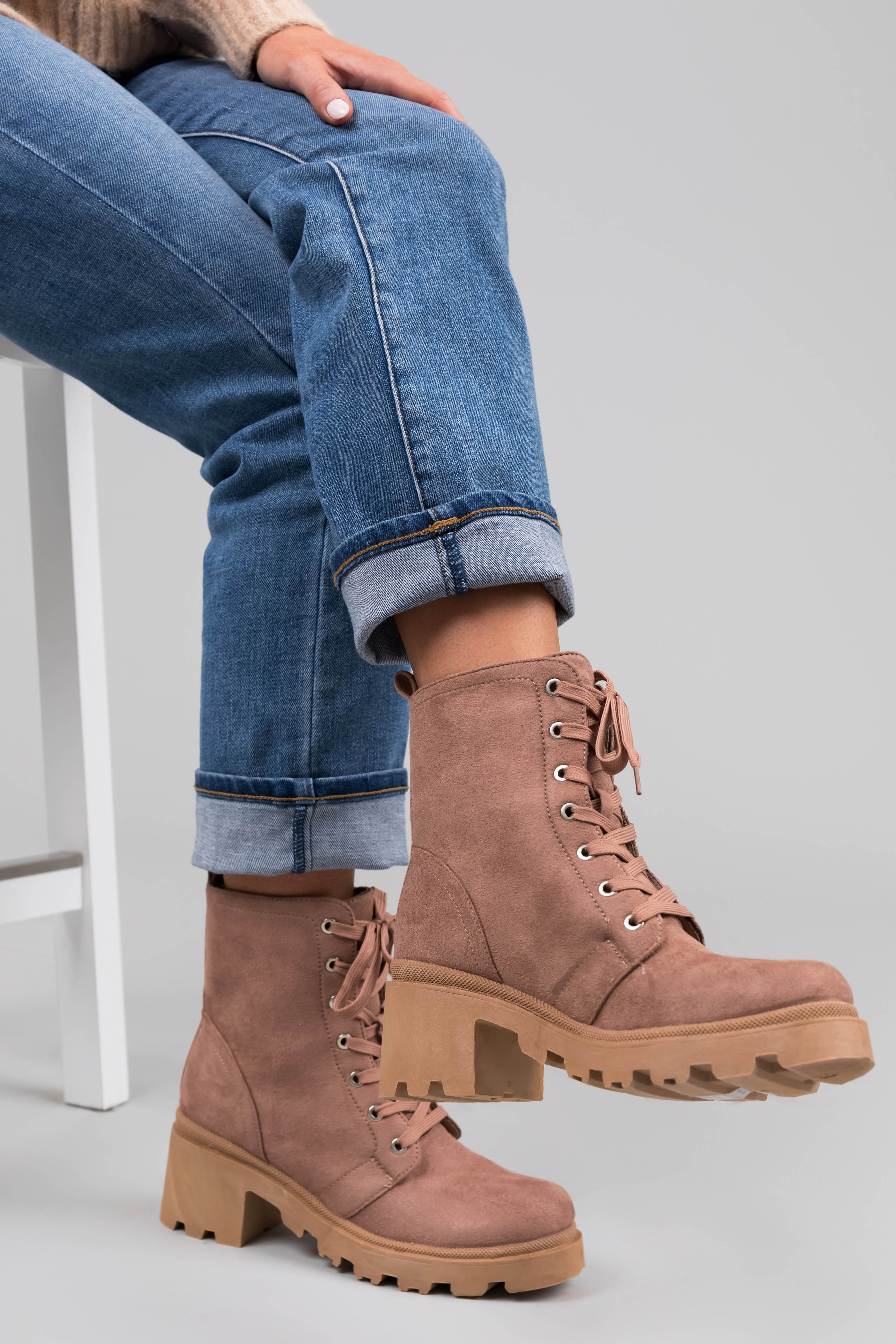 Rose Taupe Suede Lace Up Combat Boot