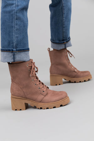 Rose Taupe Suede Lace Up Combat Boot