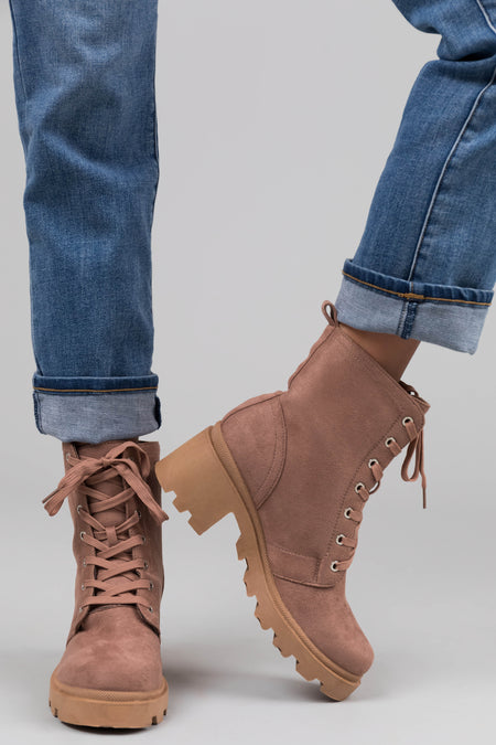 Rose Taupe Suede Lace Up Combat Boot