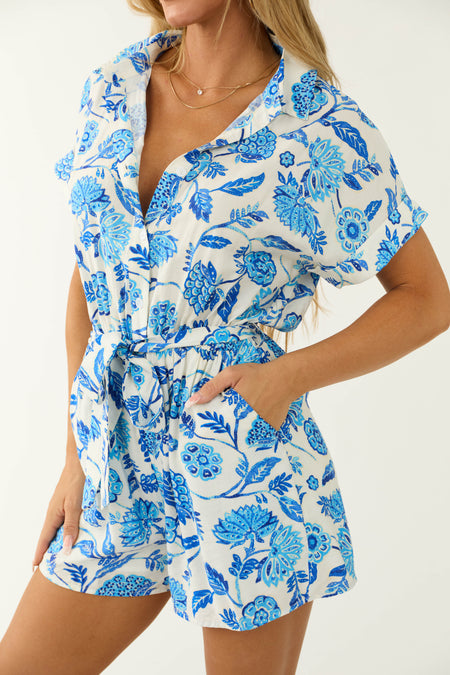 Royal Blue Floral Print Button Up Romper