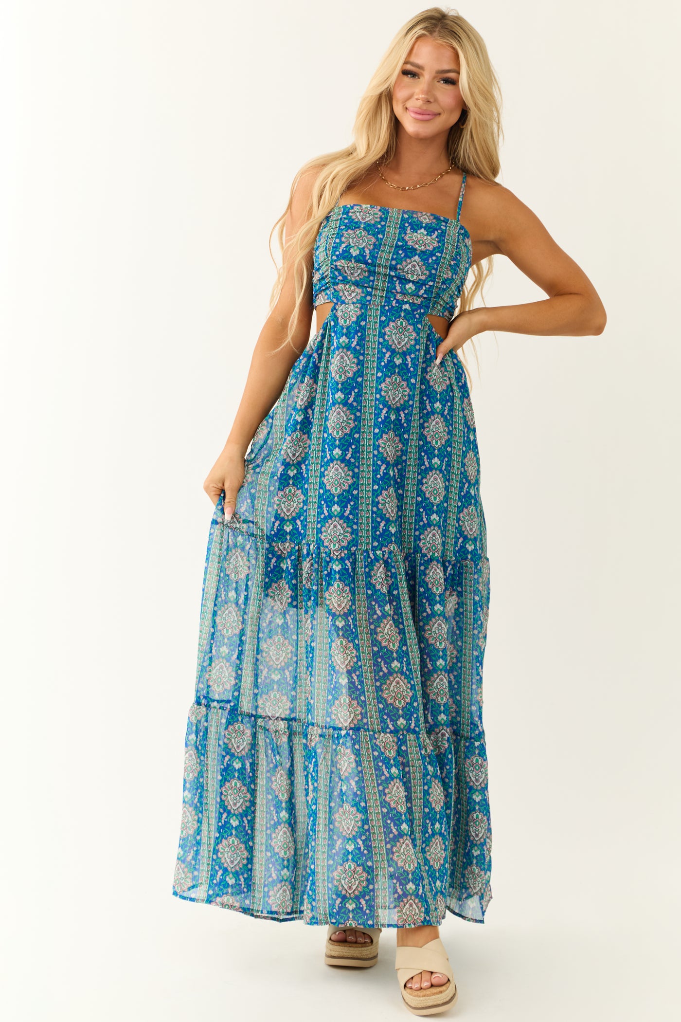 Royal Blue Floral Print Open Back Maxi Dress