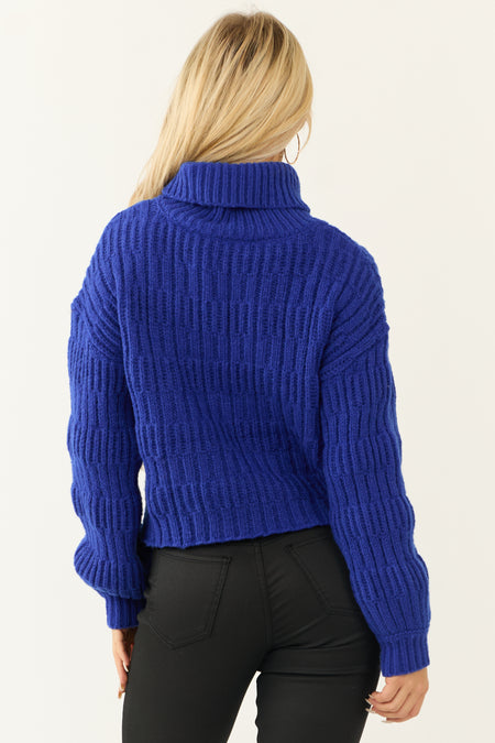 Royal Blue Turtleneck Textured Knit Sweater