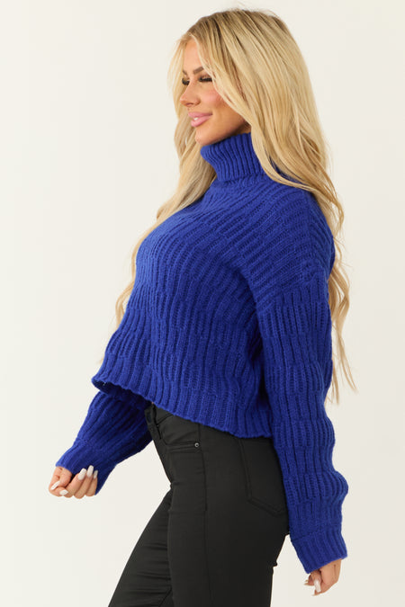 Royal Blue Turtleneck Textured Knit Sweater