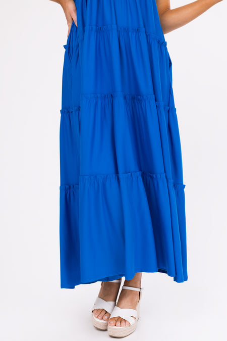 Royal Blue V Neck Babydoll Tiered Maxi Dress