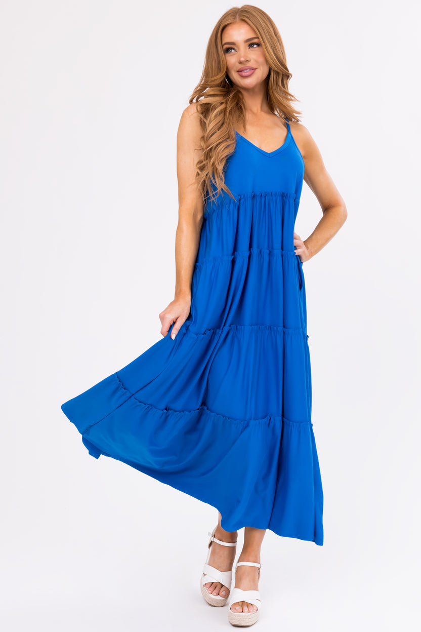 Royal Blue V Neck Babydoll Tiered Maxi Dress