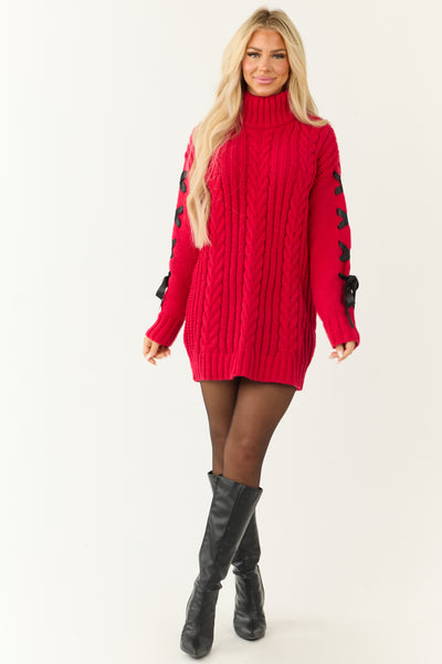 Ruby Cable Knit Ribbon Sleeve Mini Sweater Dress