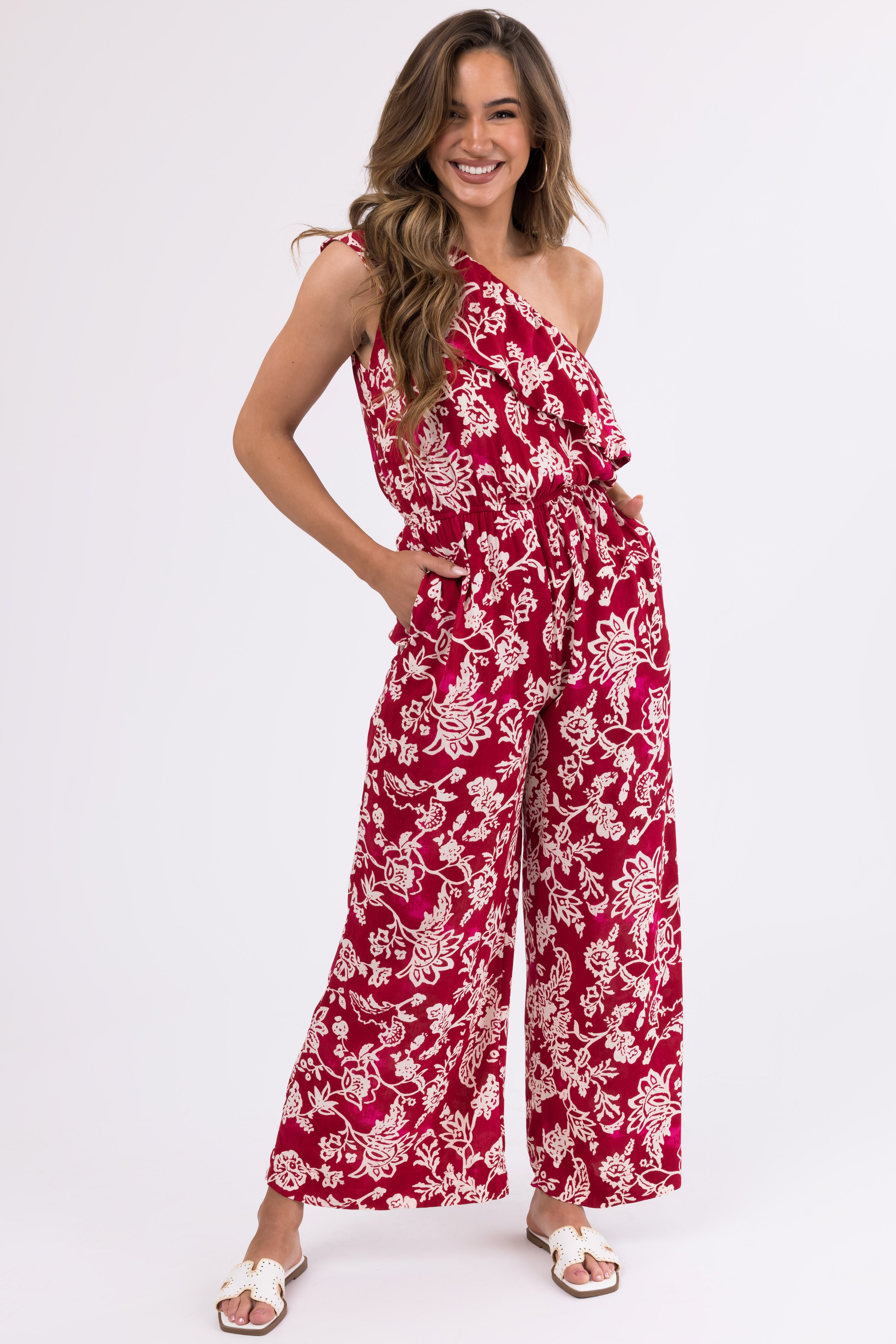 Ruby Floral Print One Shoulder Ruffle Jumpsuit