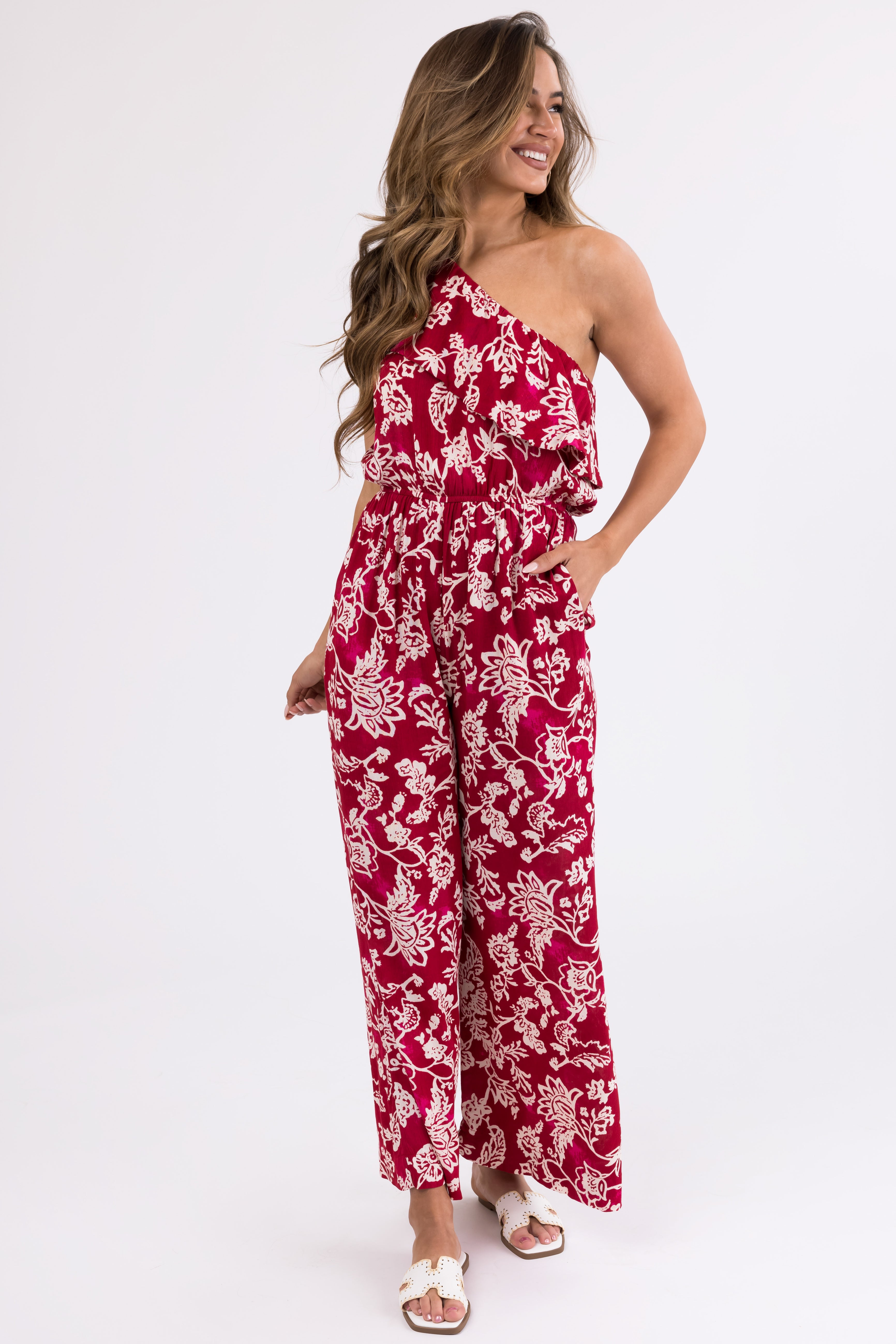 Floral buy Shoulder Ruffle Jumpsuit