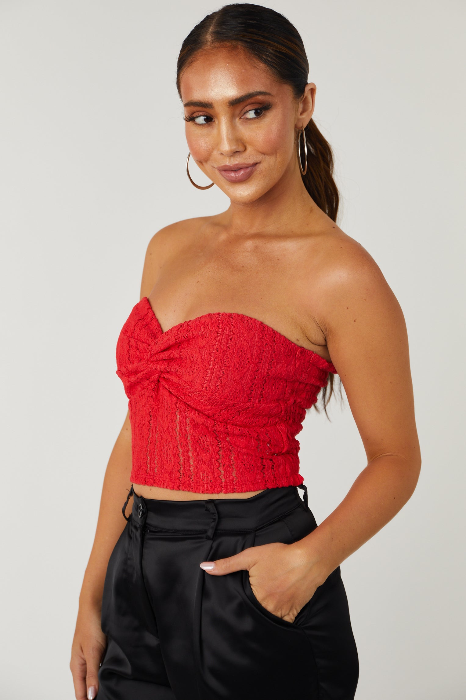 Ruby Front Twist Strapless Crochet Crop Top