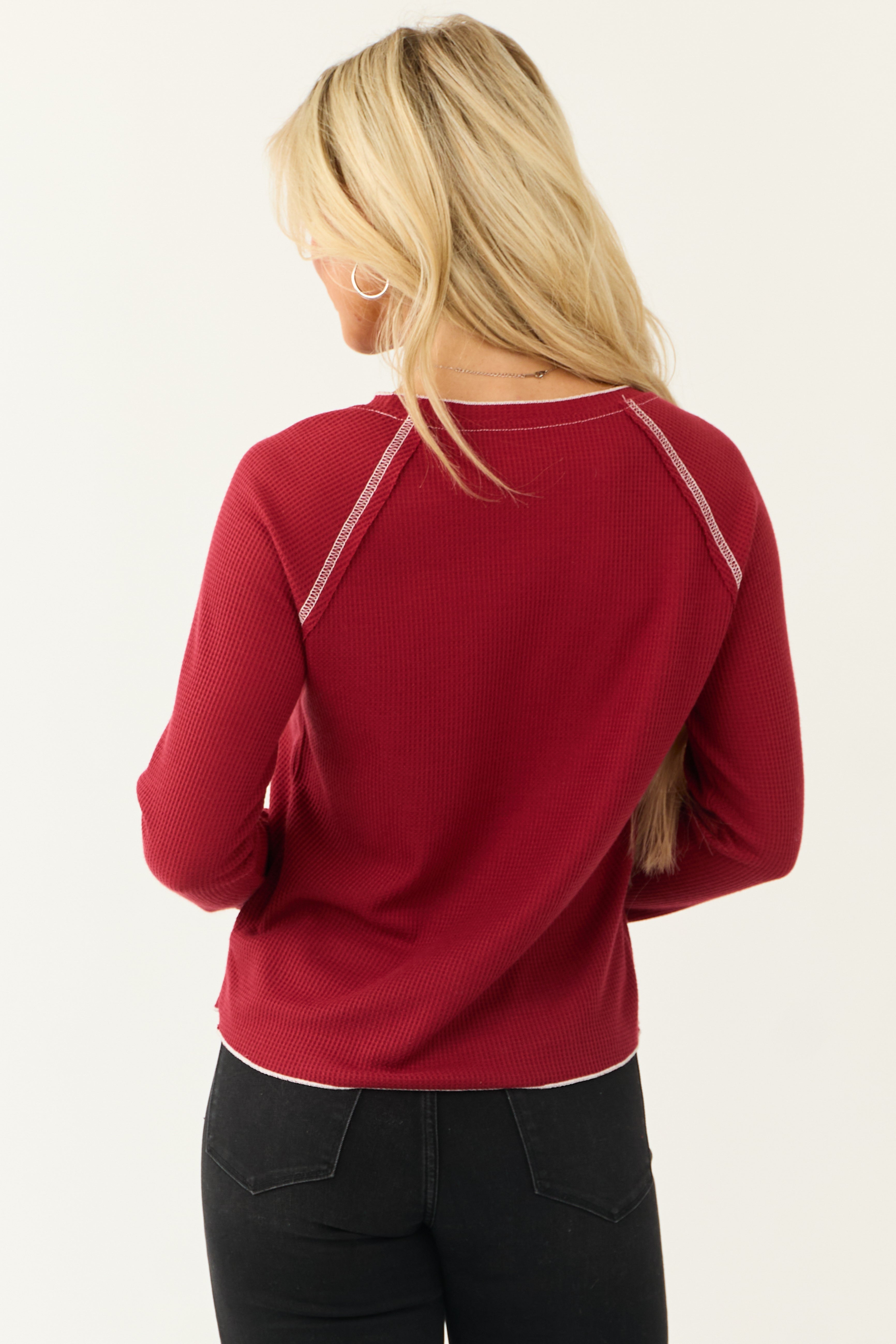 Ruby Long Sleeve Contrast Trim Waffle Knit Top