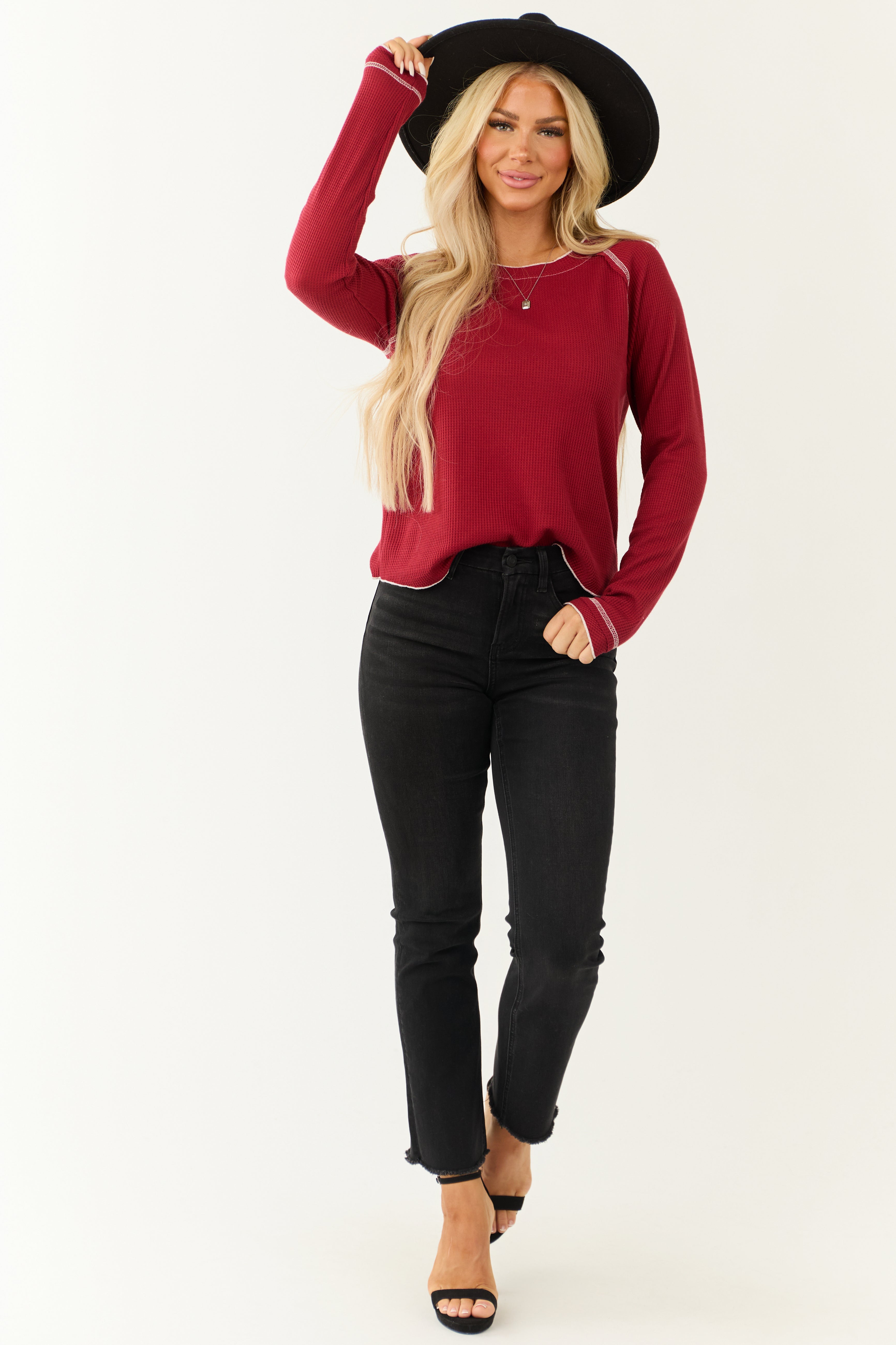 Ruby Long Sleeve Contrast Trim Waffle Knit Top