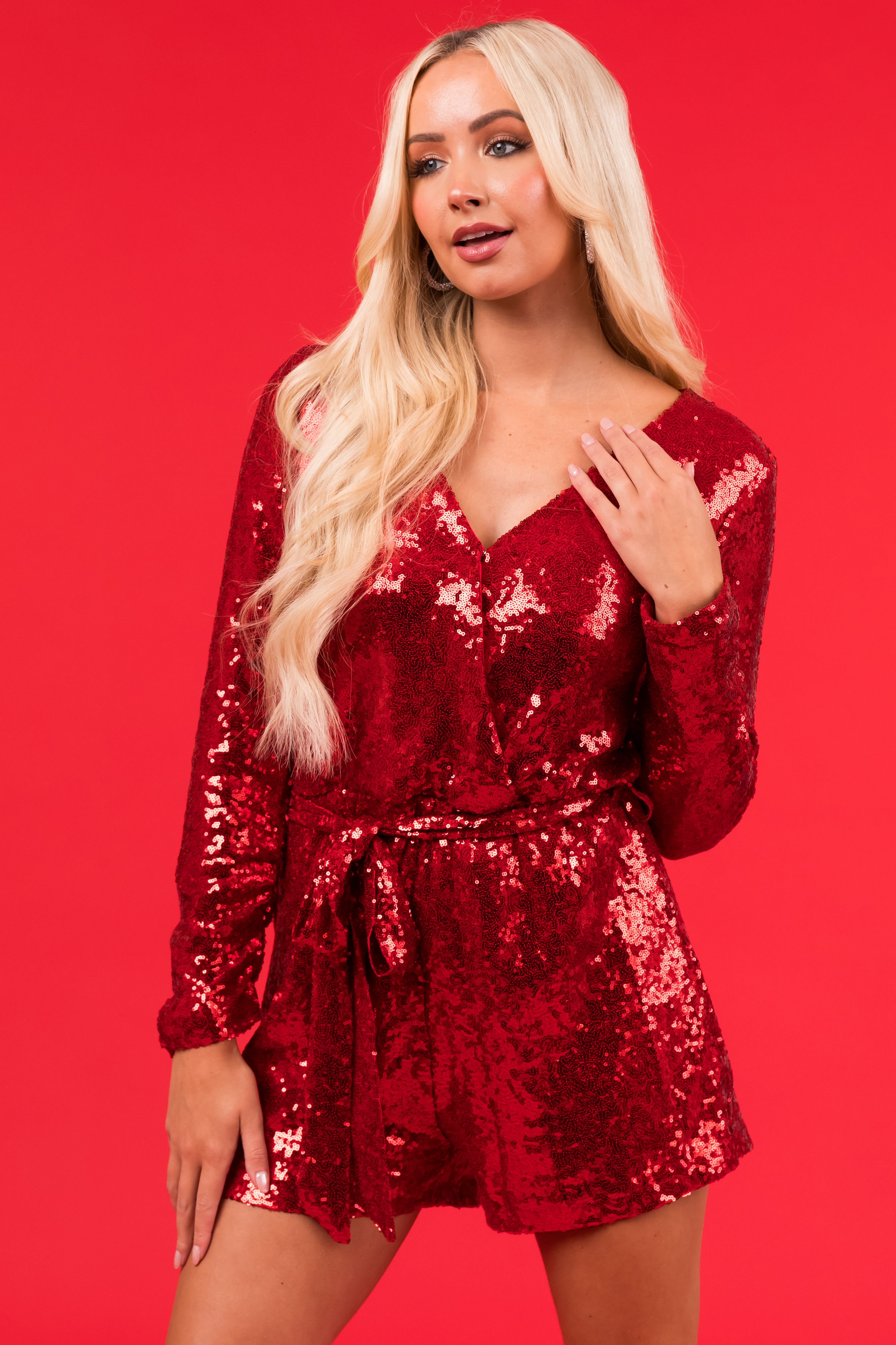 Ruby Long Sleeve Surplice Waist Tie Sequin Romper