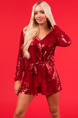 Ruby Long Sleeve Surplice Waist Tie Sequin Romper