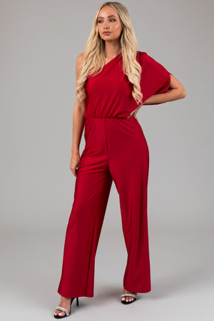 Ruby One Shoulder Elastic Waist Satin Jumpsuit