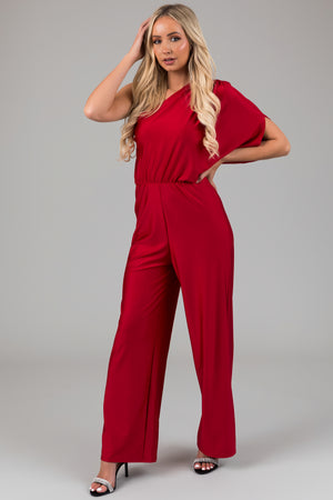 Ruby One Shoulder Elastic Waist Satin Jumpsuit