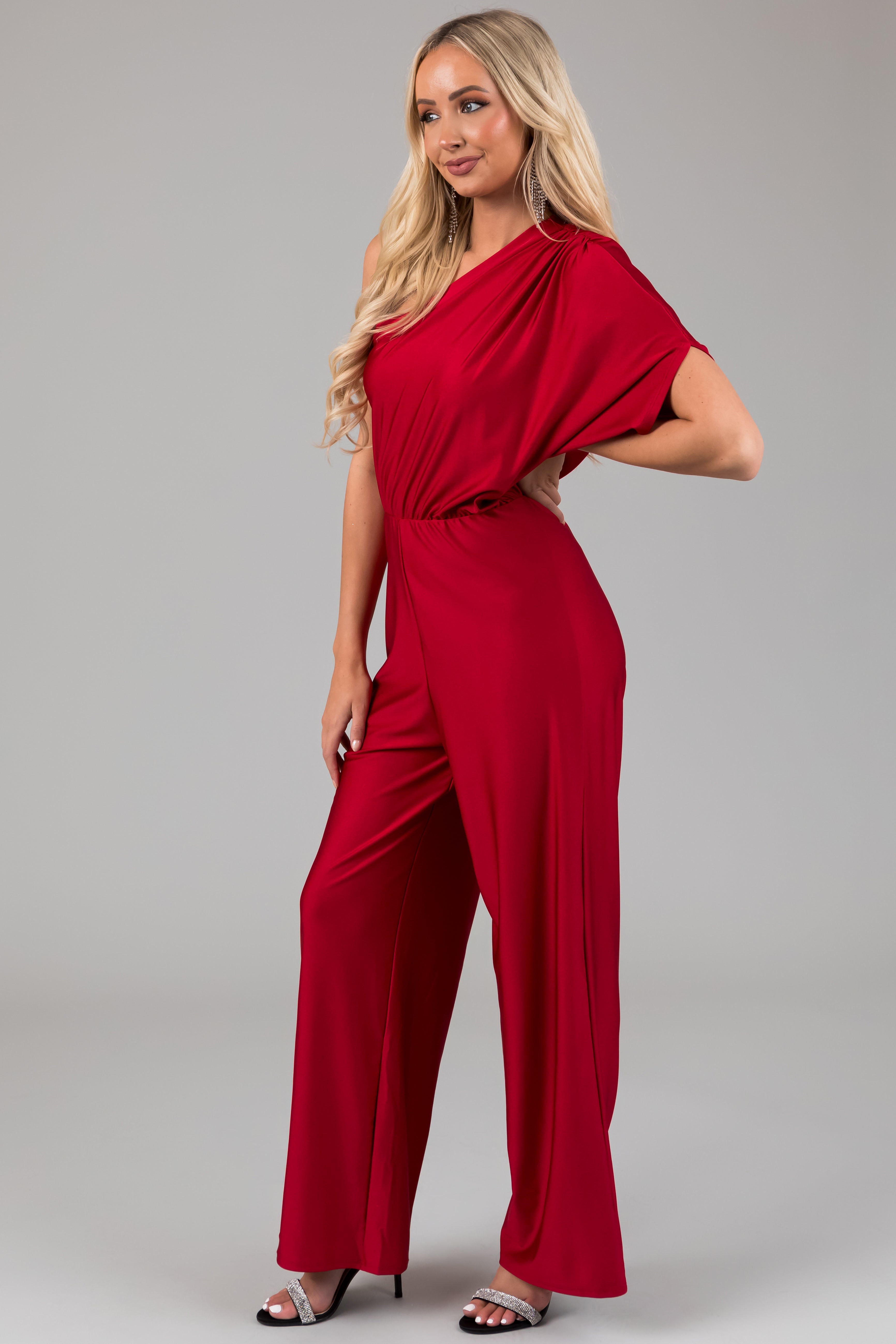 Ruby One Shoulder Elastic Waist Satin Jumpsuit