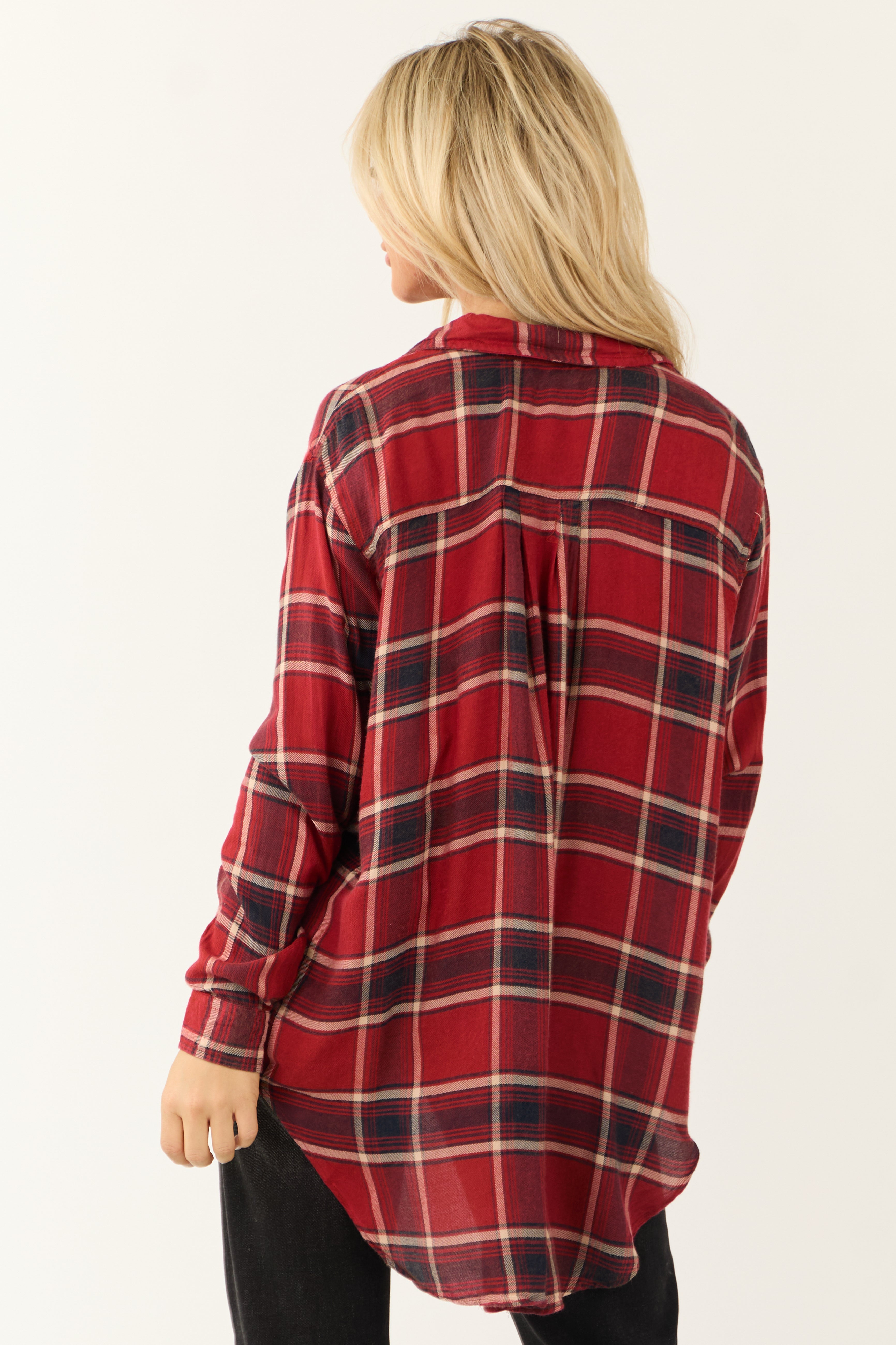 Ruby Plaid Button Down Collared Oversized Top