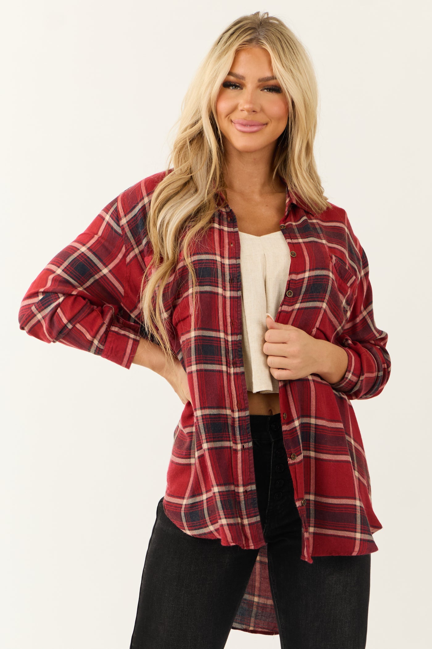 Ruby Plaid Button Down Collared Oversized Top