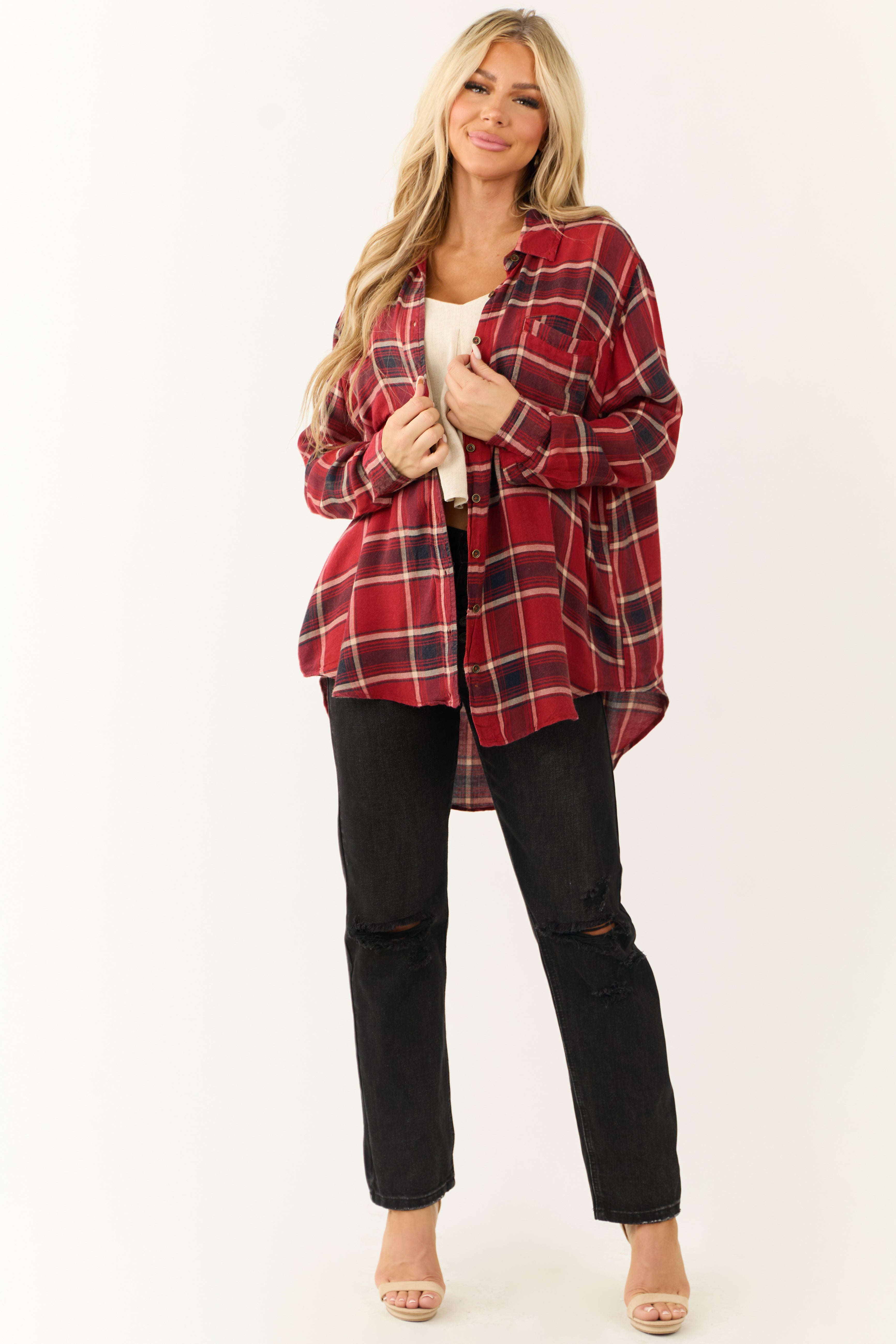 Ruby Plaid Button Down Collared Oversized Top