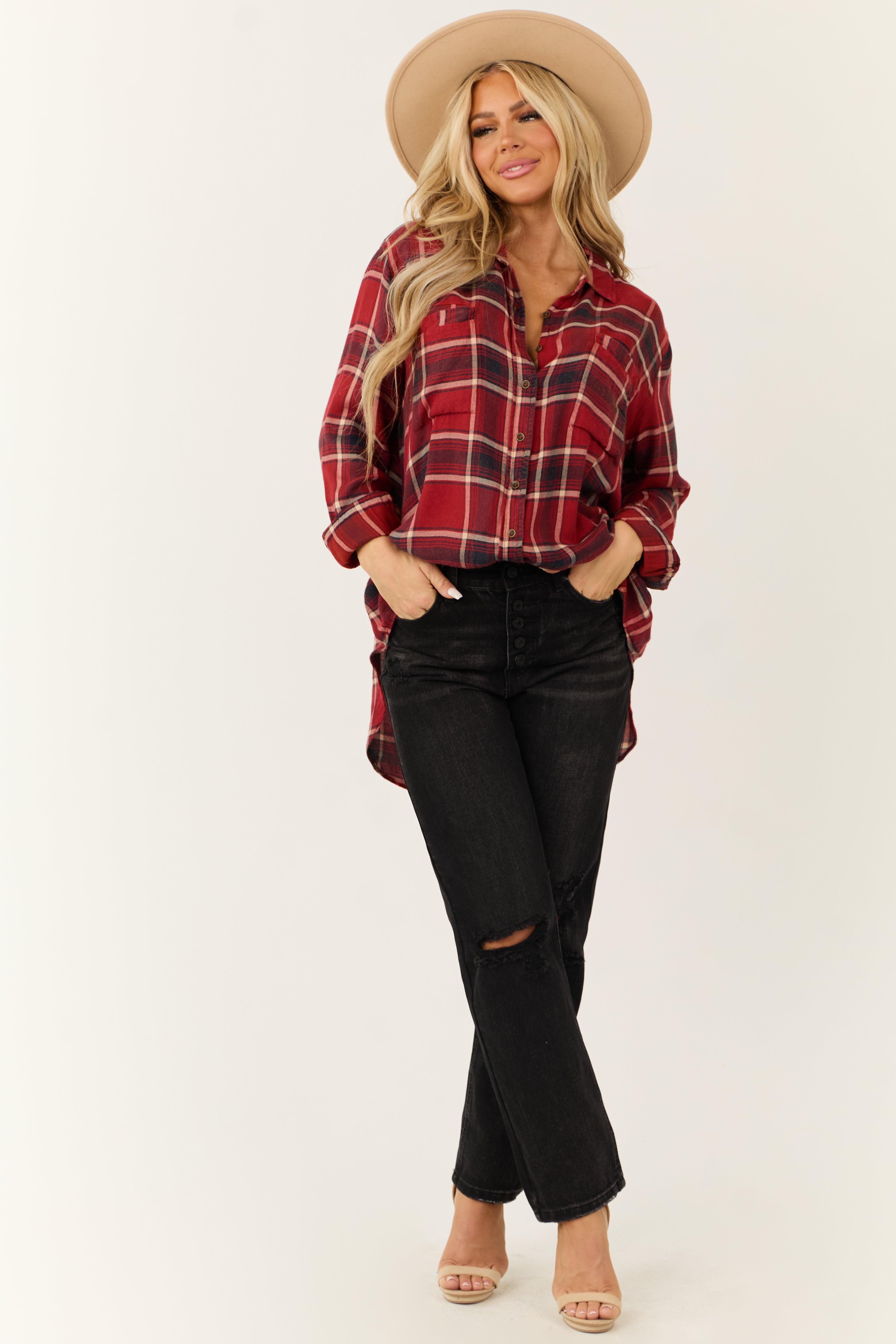 Ruby Plaid Button Down Collared Oversized Top