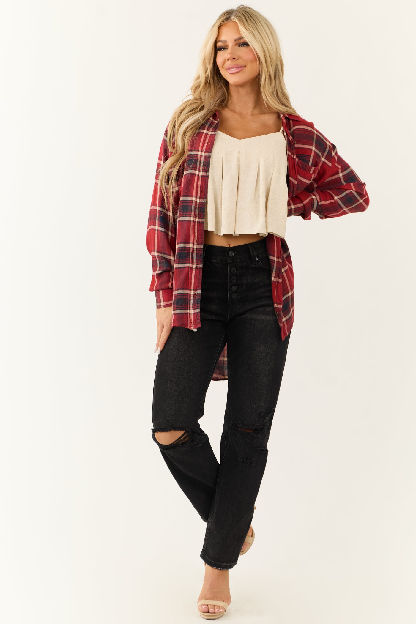 Ruby Plaid Button Down Collared Oversized Top