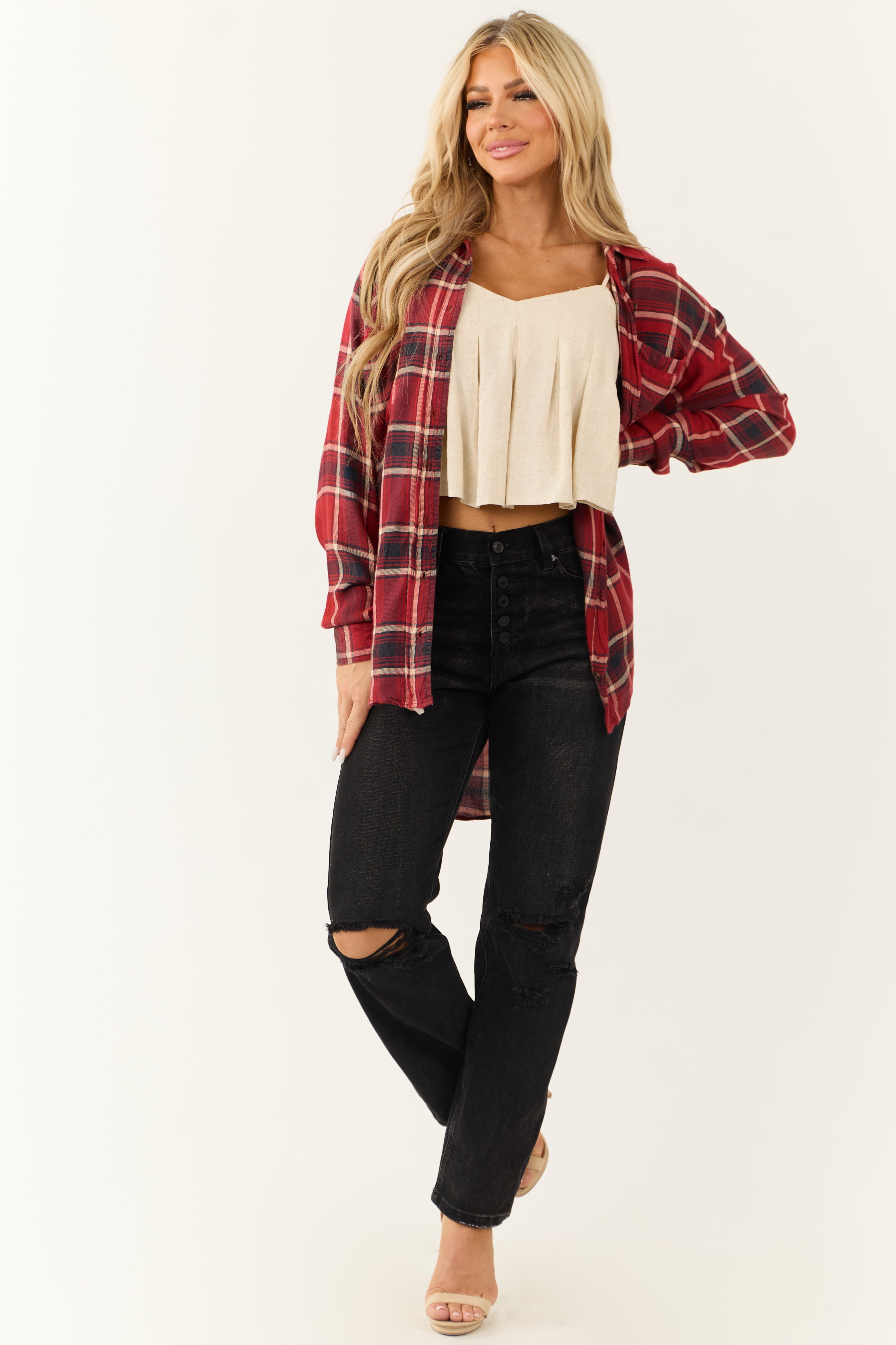 Ruby Plaid Button Down Collared Oversized Top