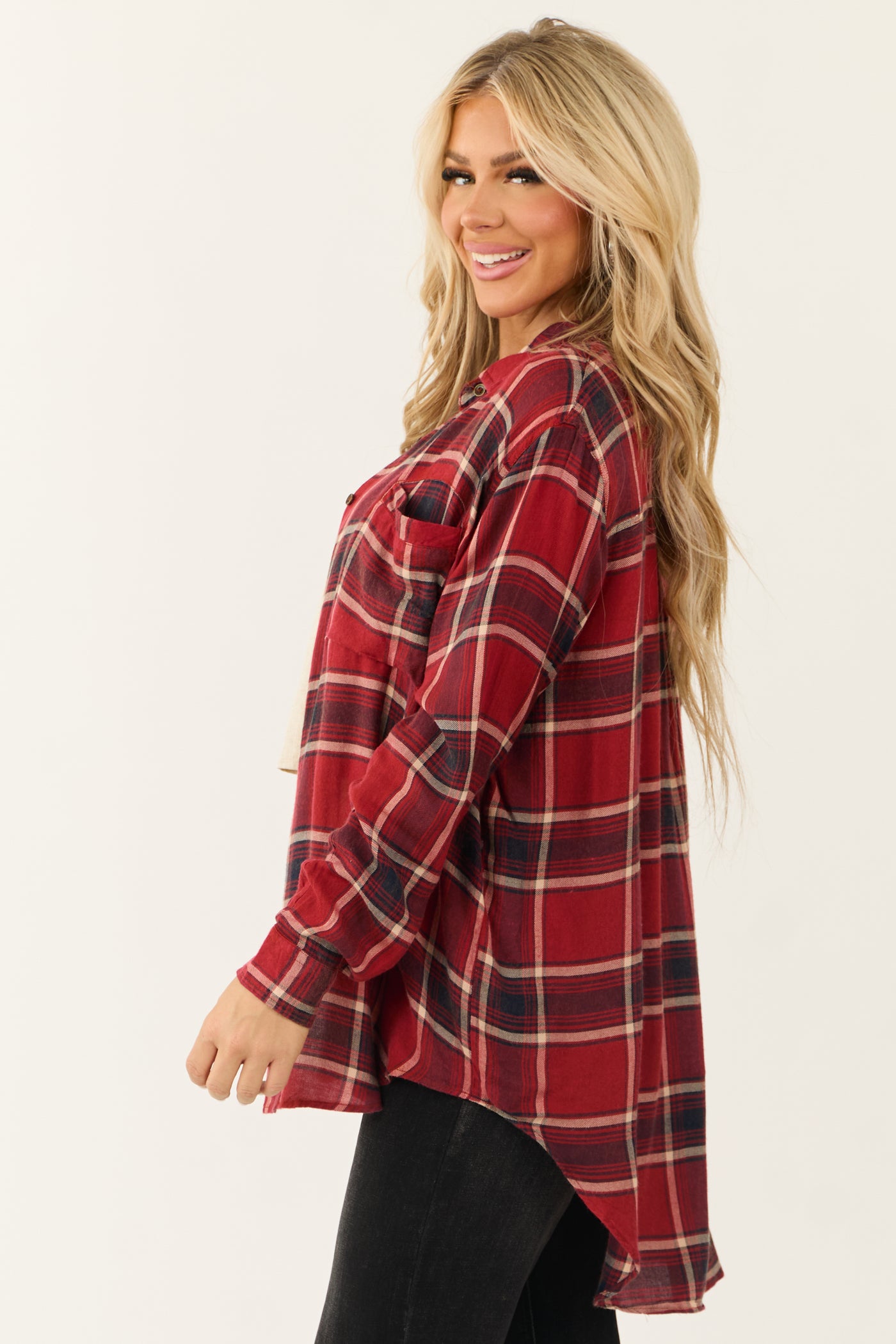 Ruby Plaid Button Down Collared Oversized Top