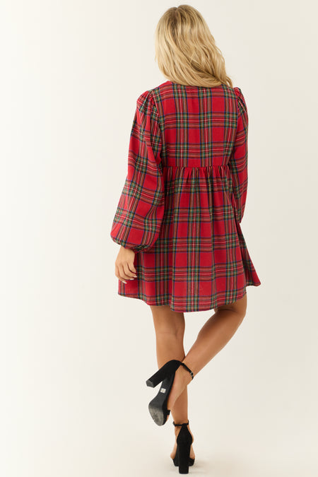 Ruby Plaid Front Tie Long Sleeve Short Dress