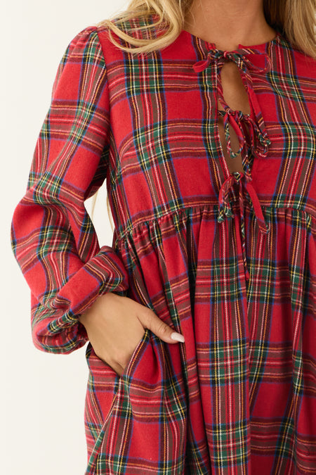 Ruby Plaid Front Tie Long Sleeve Short Dress